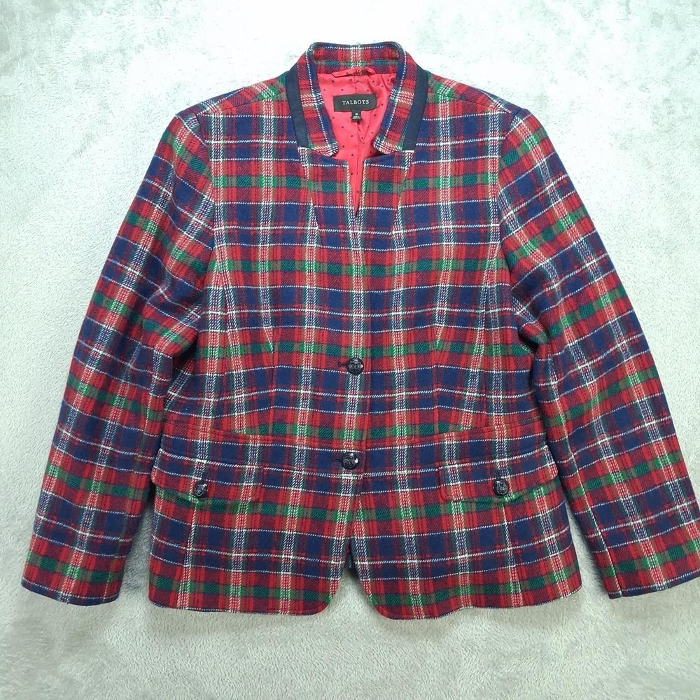 Talbots Womens 16 Red Navy Plaid Wool Blend Tartan Blazer Jacket